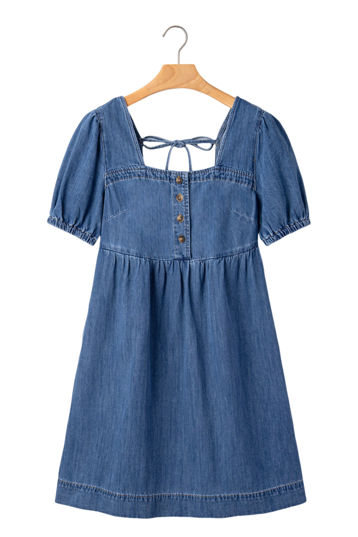 Prussian Blue Button Square Neck Short Puff Sleeve Denim Mini Dress