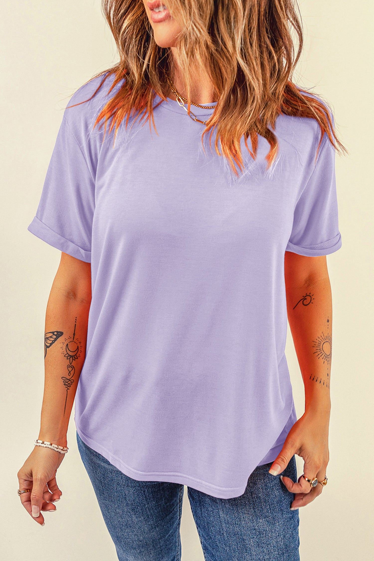 Tillandsia Purple Casual Plain Crew Neck Tee
