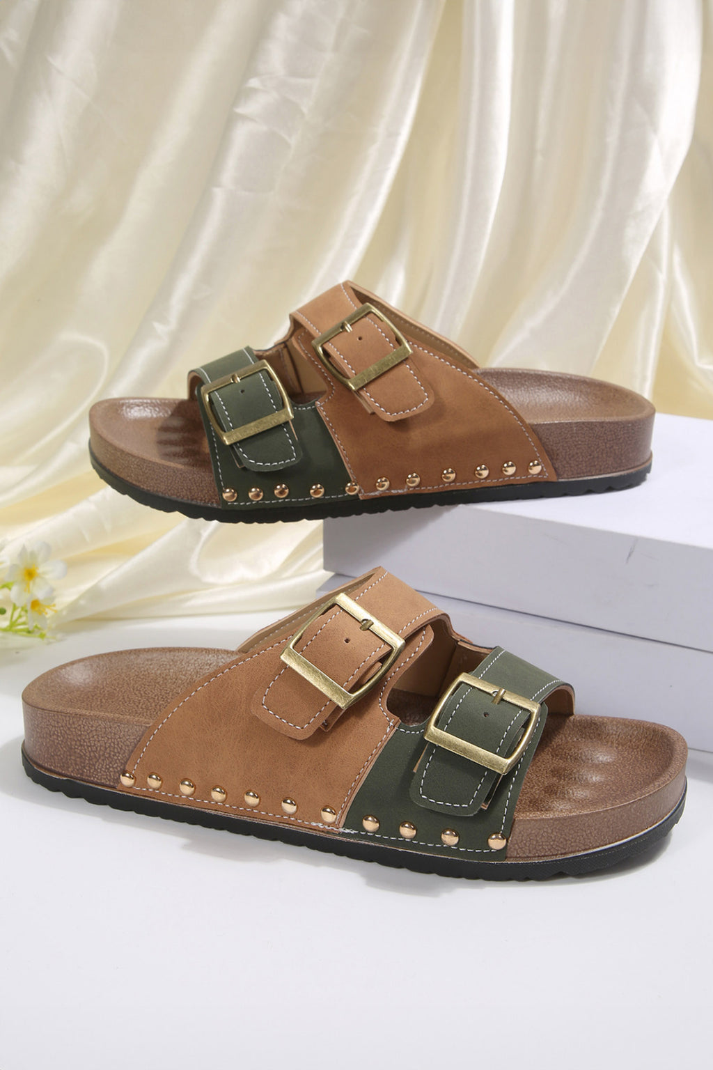 Blackish Green Retro Buckle Cutout Straps PU Leather Studded Slippers