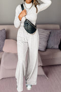 Light Grey Long Sleeve High Neck Slim Top Smocked Waist Central Seam Pants Set