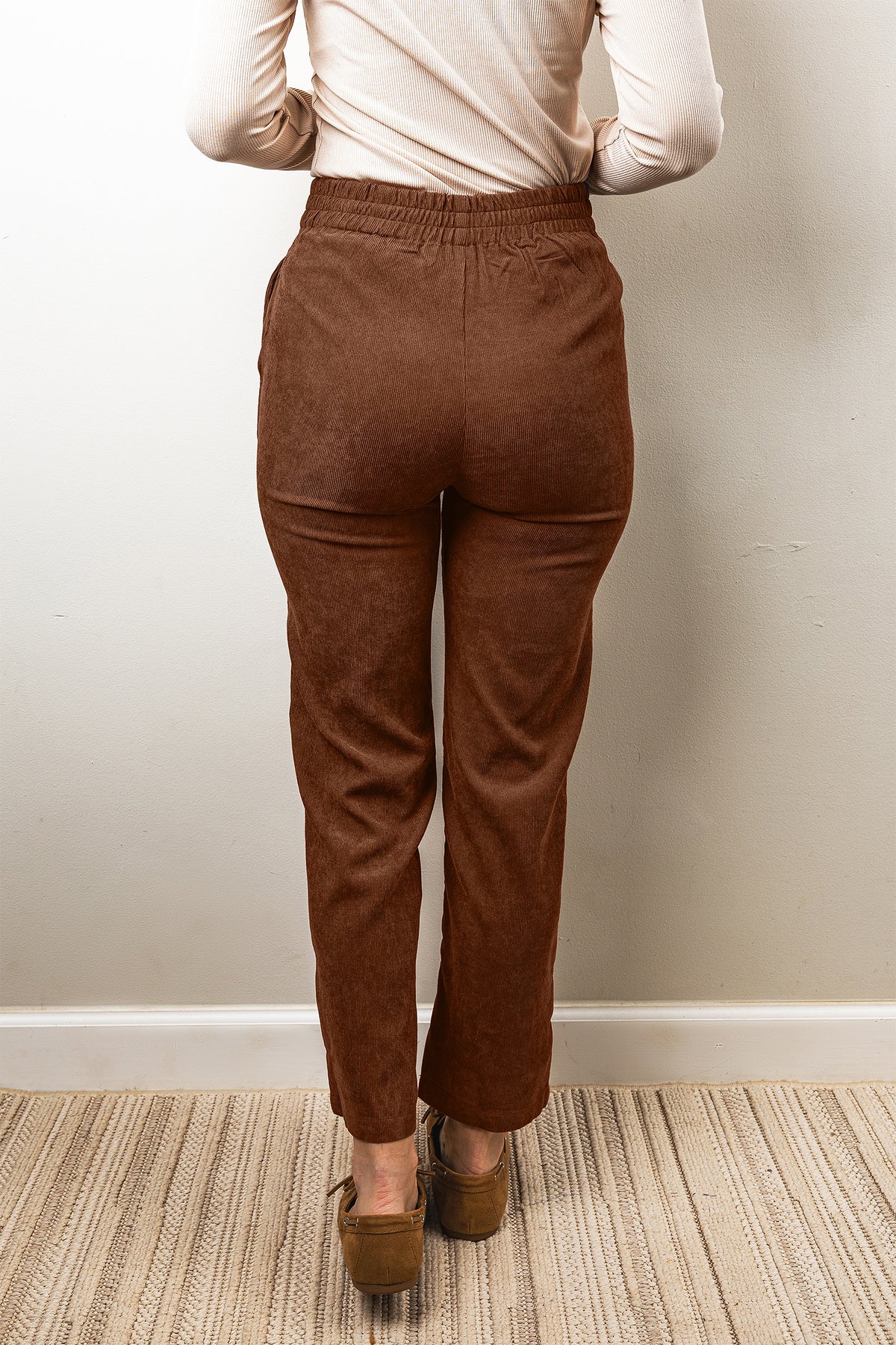 Coffee Elastic Waist Straight Leg Ankle Length Corduroy Pants
