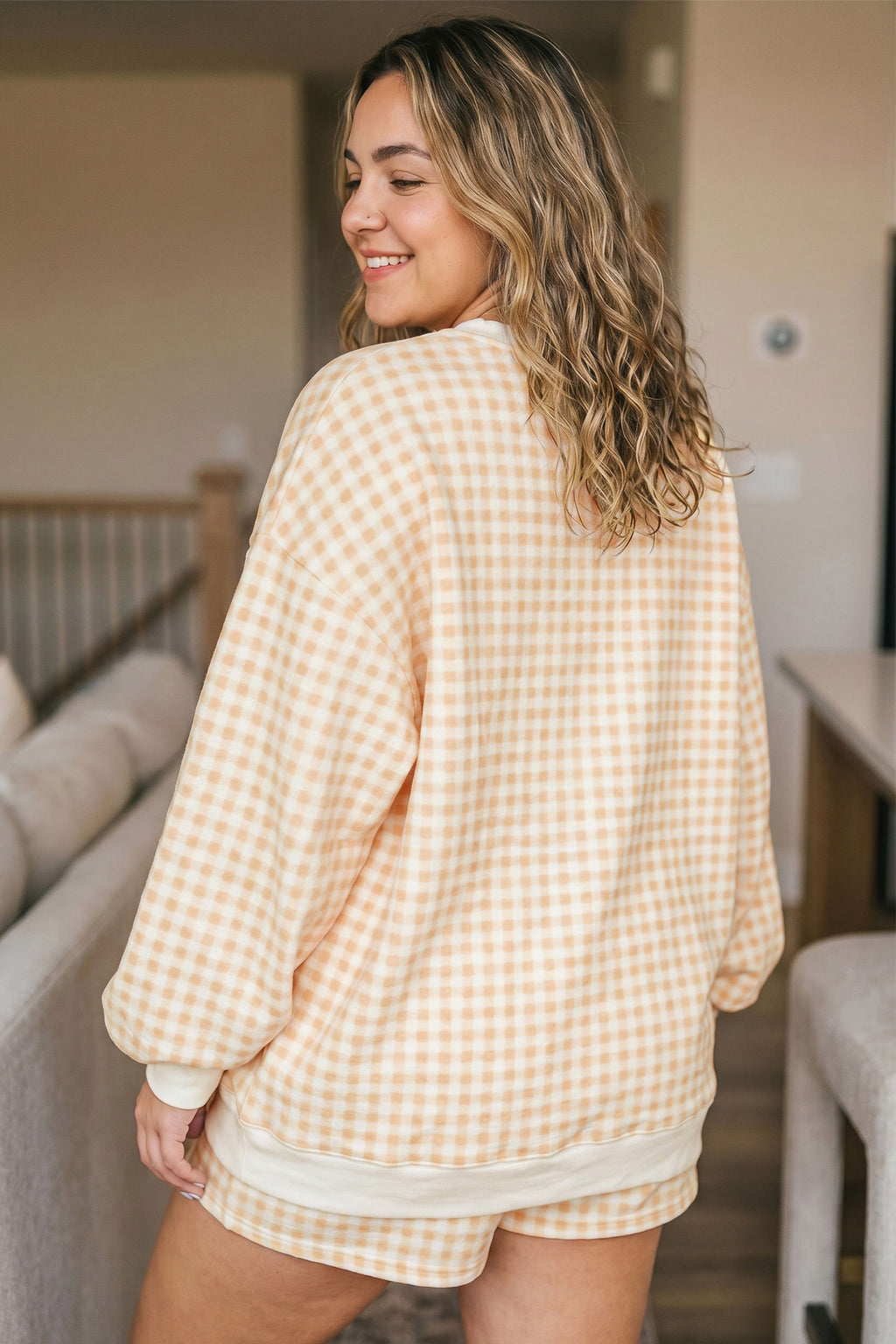 Sky Blue Gingham Loose Pullover Top Drawstring Shorts Plus Size Set