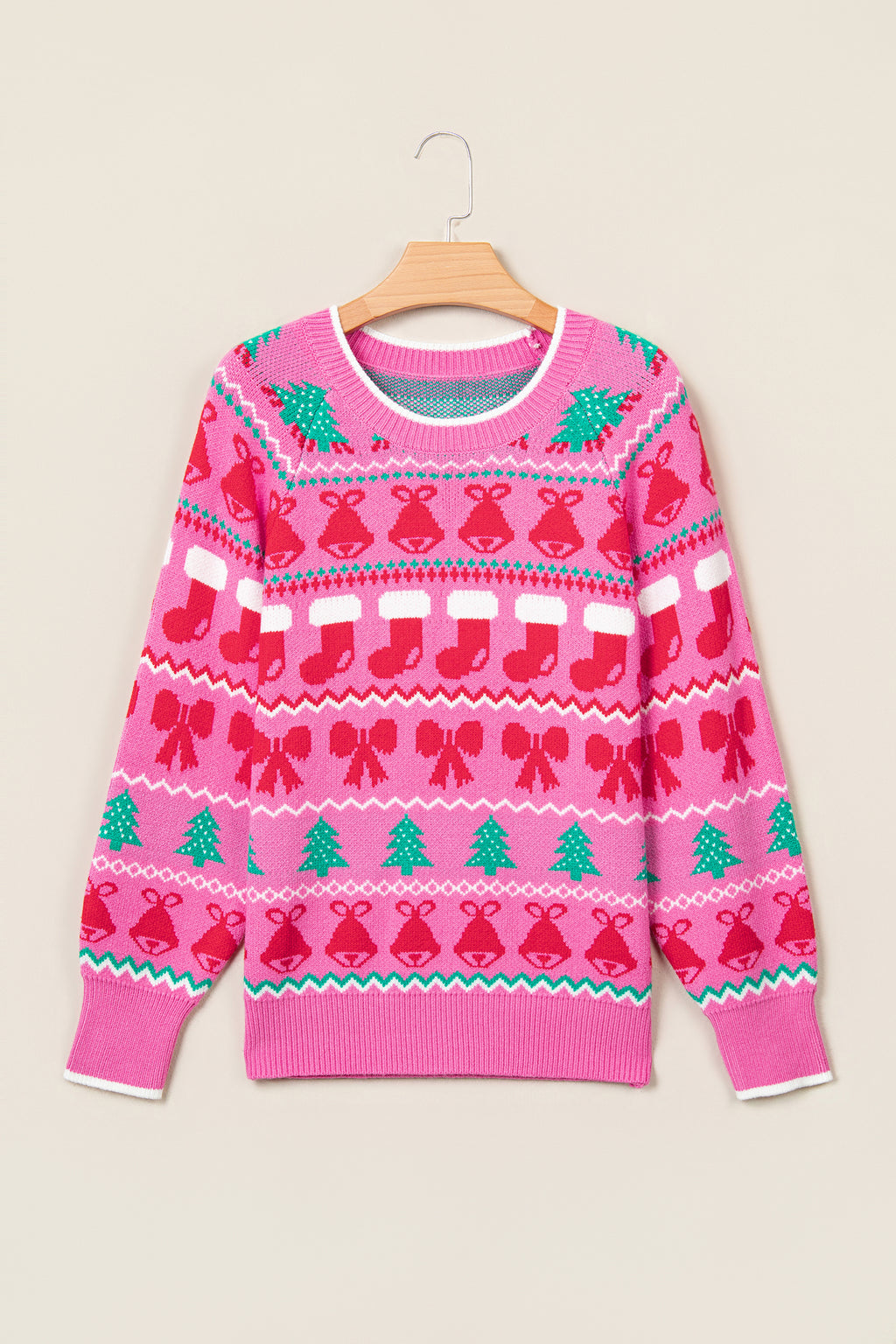 Pink Christmas Holiday Graphic Round Neck Knit Sweater