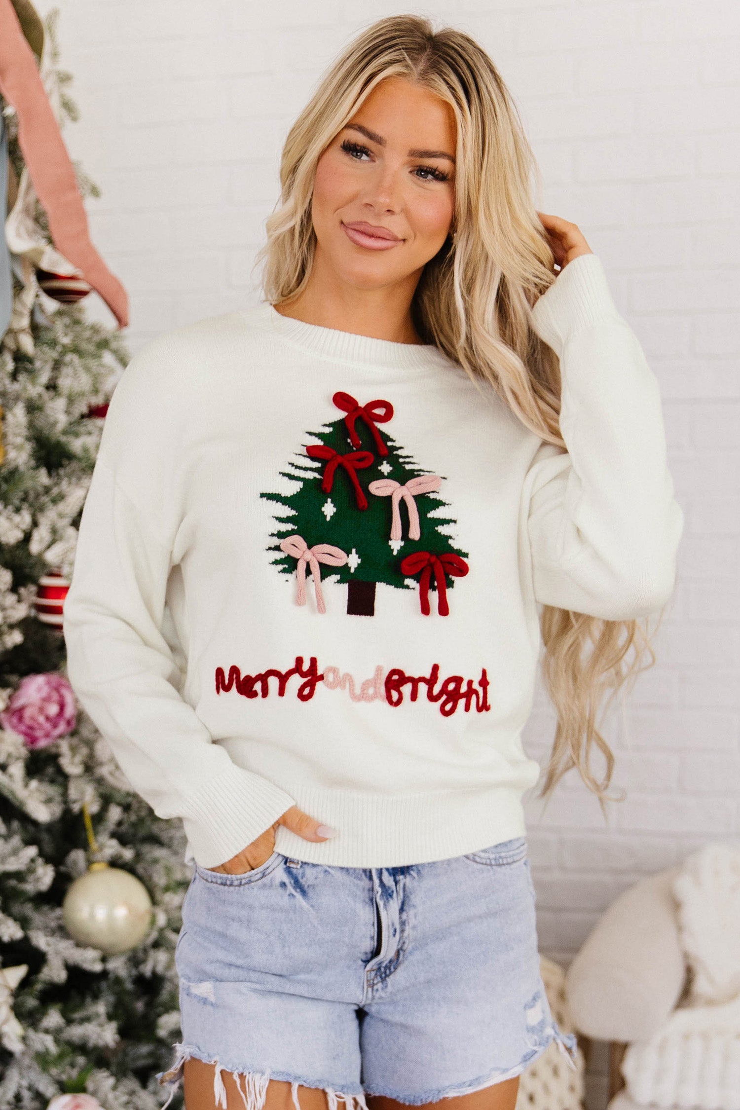 White Christmas Tree Bow Drop Shoulder Knit Sweater