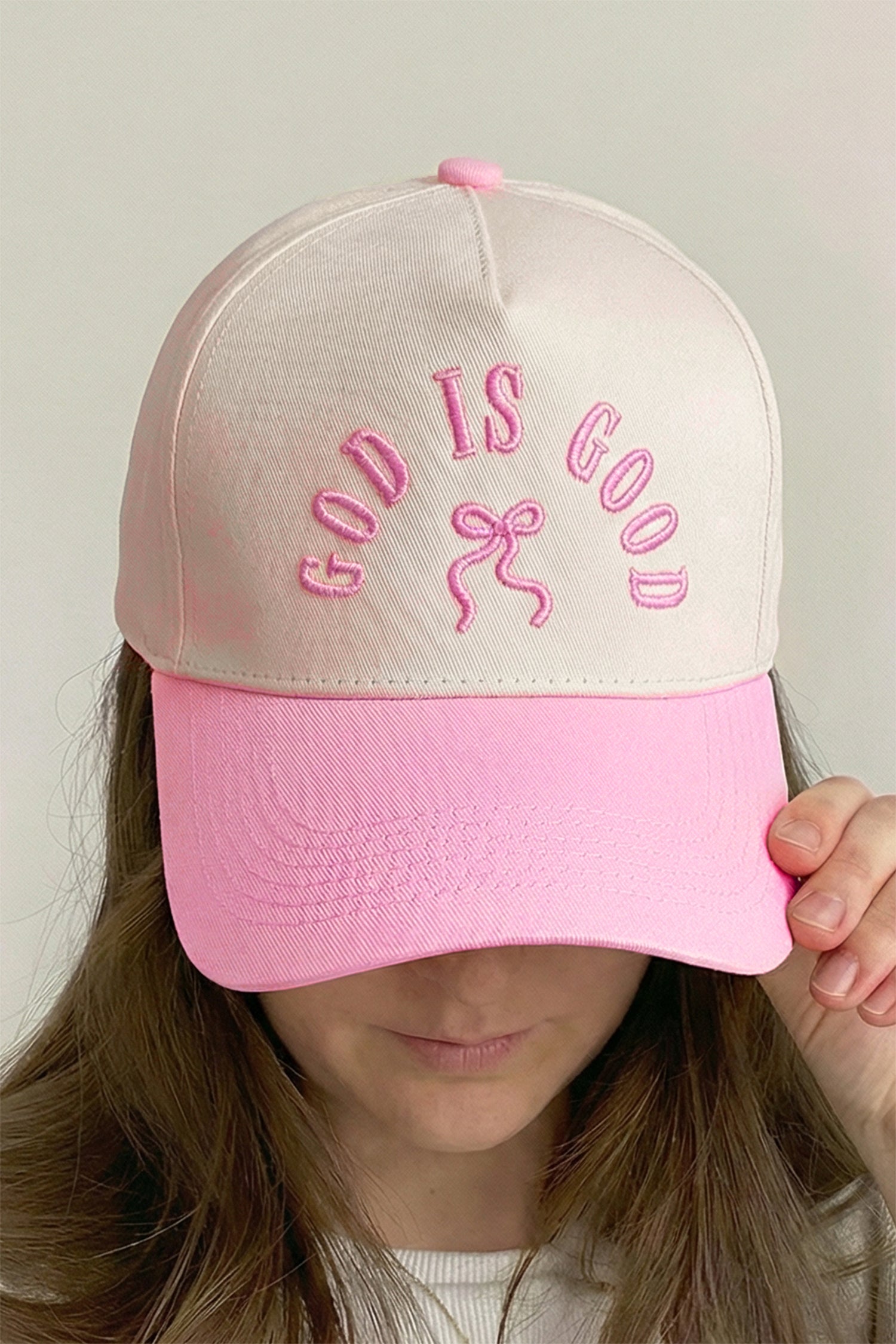 Pink GOD IS GOOD Embroidered Bow Color Block Baseball Cap