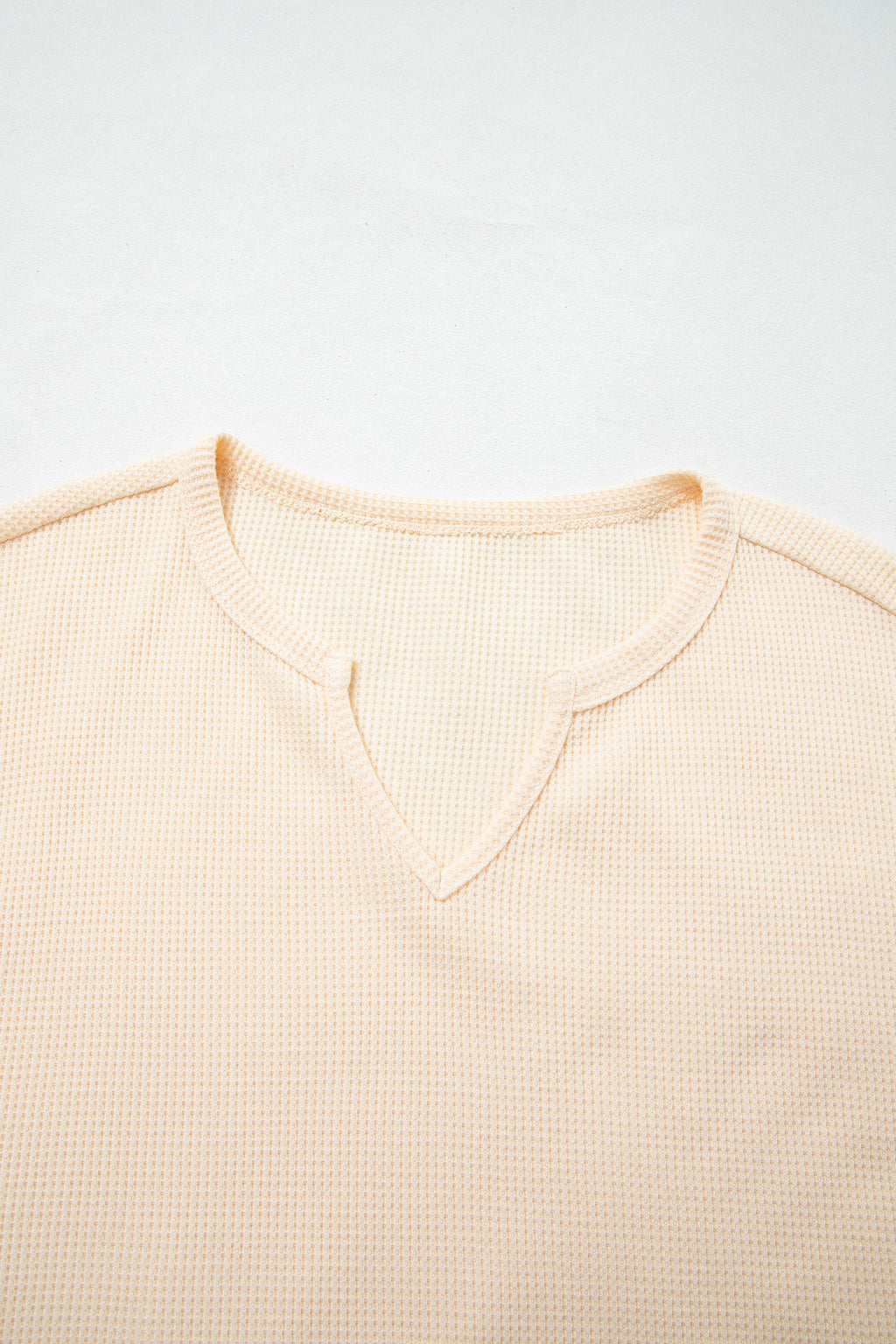 Beige Waffle Textured V Neck Plaid Colorblock Drop Shoulder Long Sleeve Top