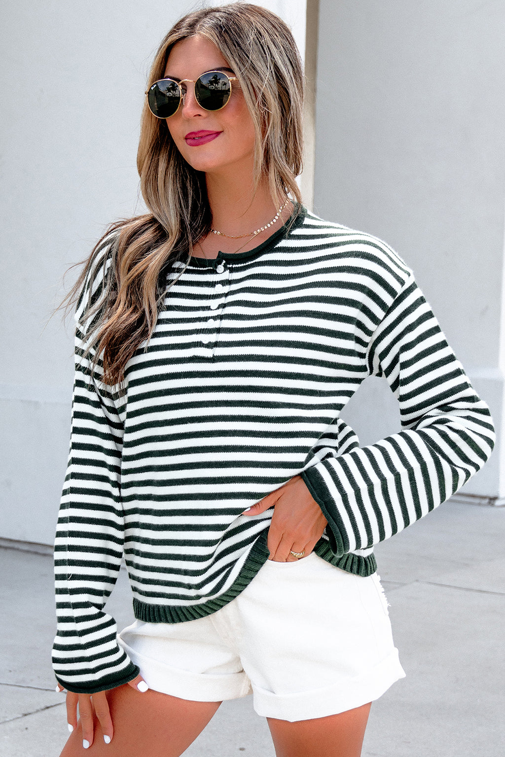 Green Stripe Striped Button Placket Drop Shoulder Long Sleeve Sweater