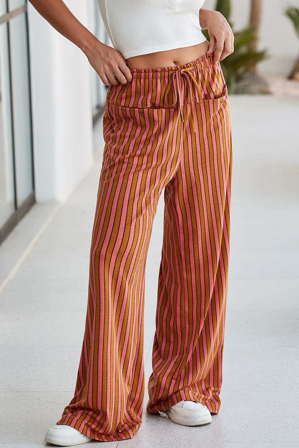 Red Stripe Button Pocket Tie Waist Casual Wide Leg Pants