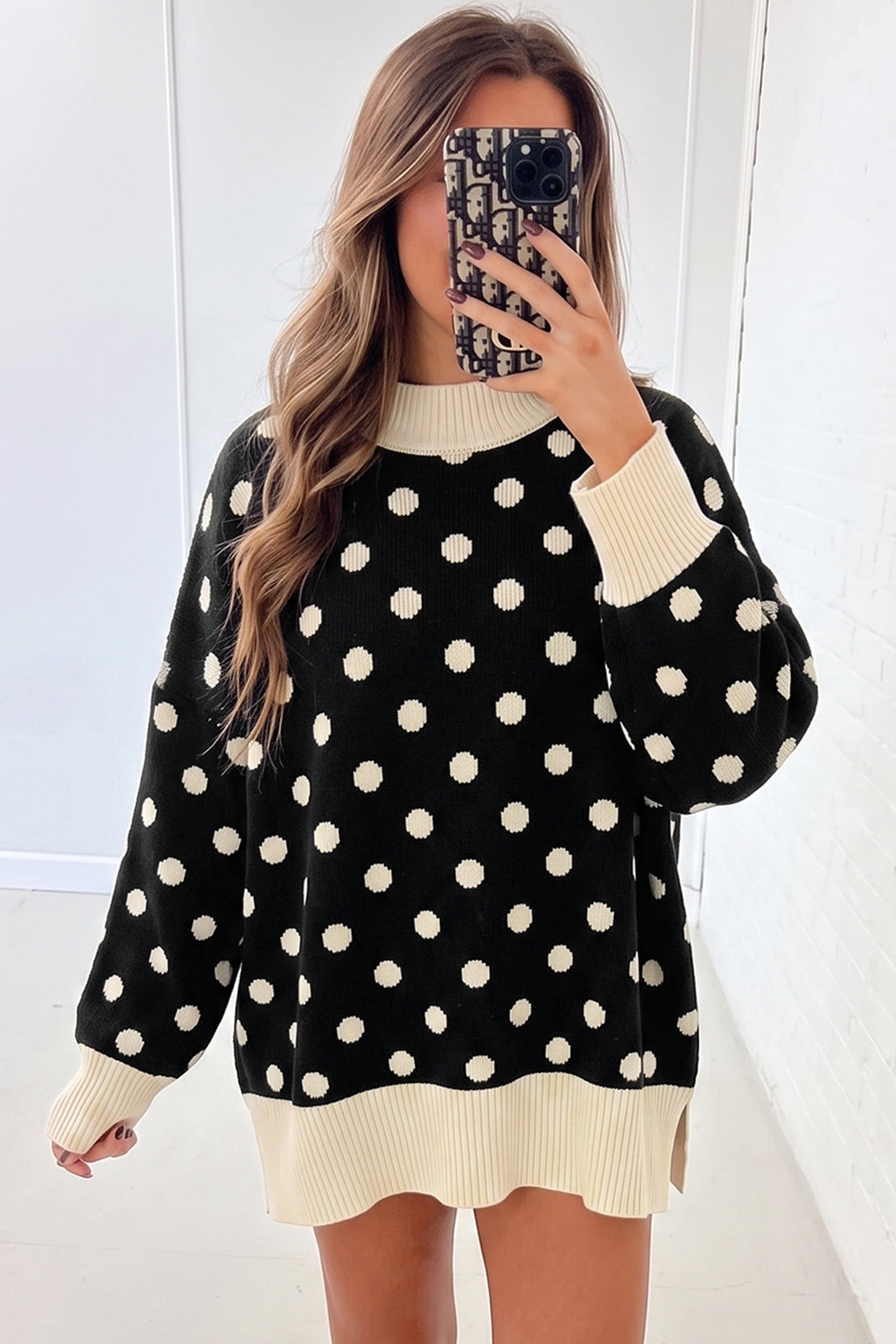 Red Polka Dot Pattern Ribbed Colorblock Trim Split Tunic Sweater