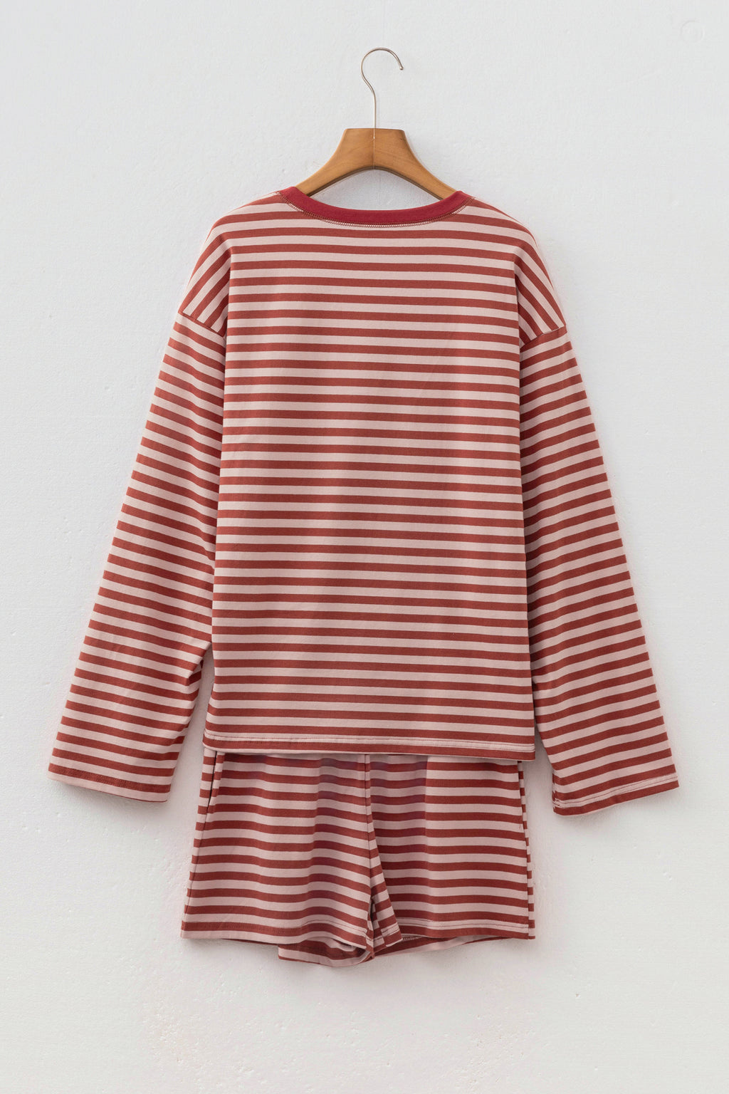 Brown Stripe Relaxed Long Sleeve Top Contrast Elastic Waistband Short Set