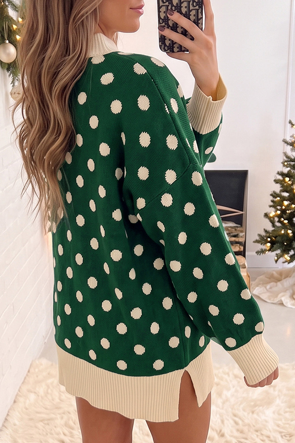 Green Polka Dot Pattern Ribbed Colorblock Trim Split Tunic Sweater