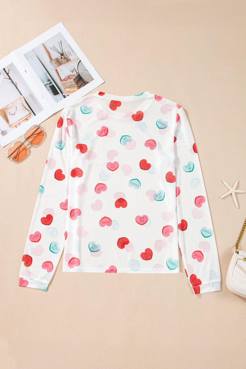 White Sheer Mesh Valentines Slogan Heart Printed Long Sleeve Top