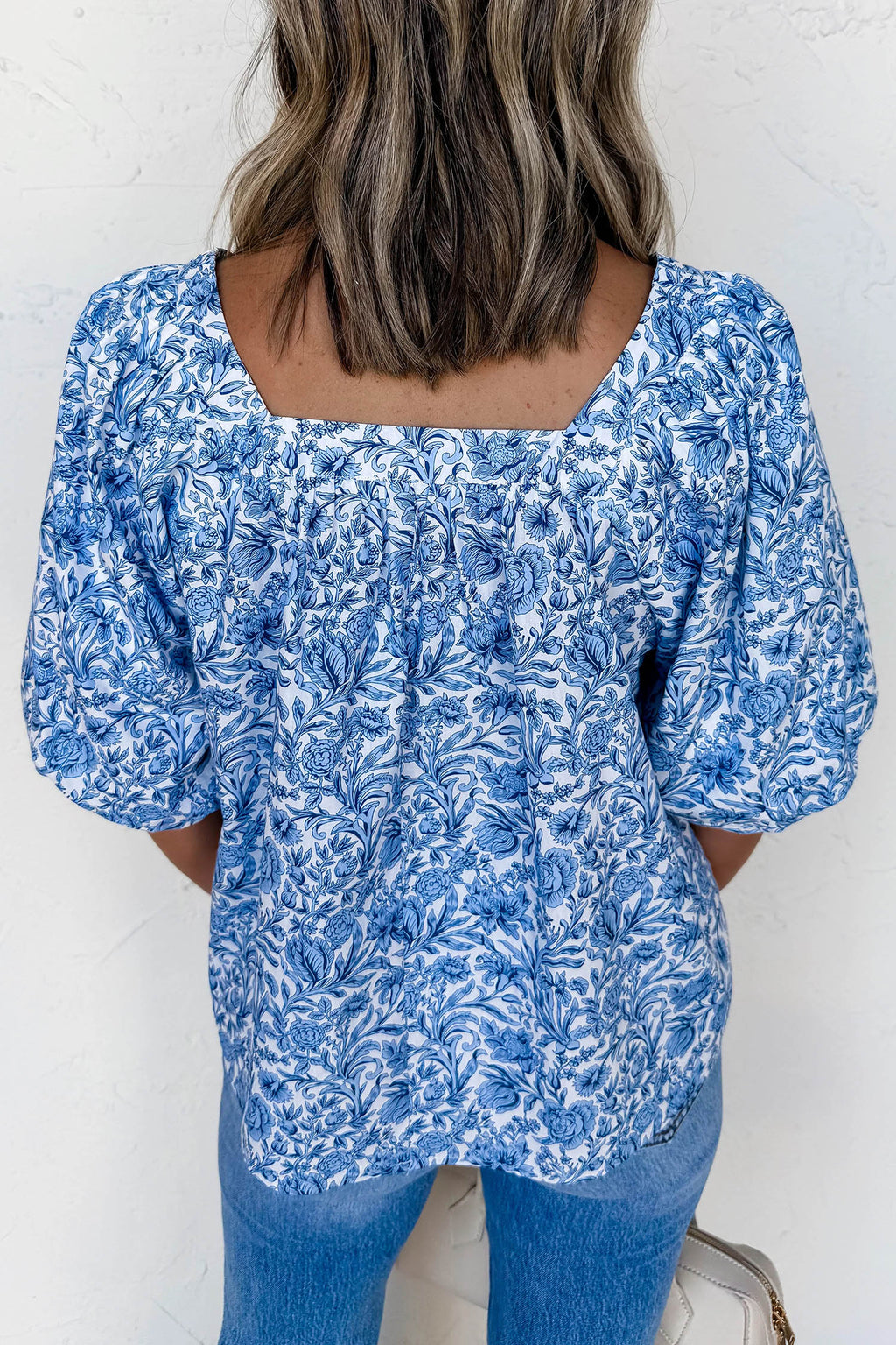Sky Blue Square Neck Short Puff Sleeve Pleated Floral Blouse