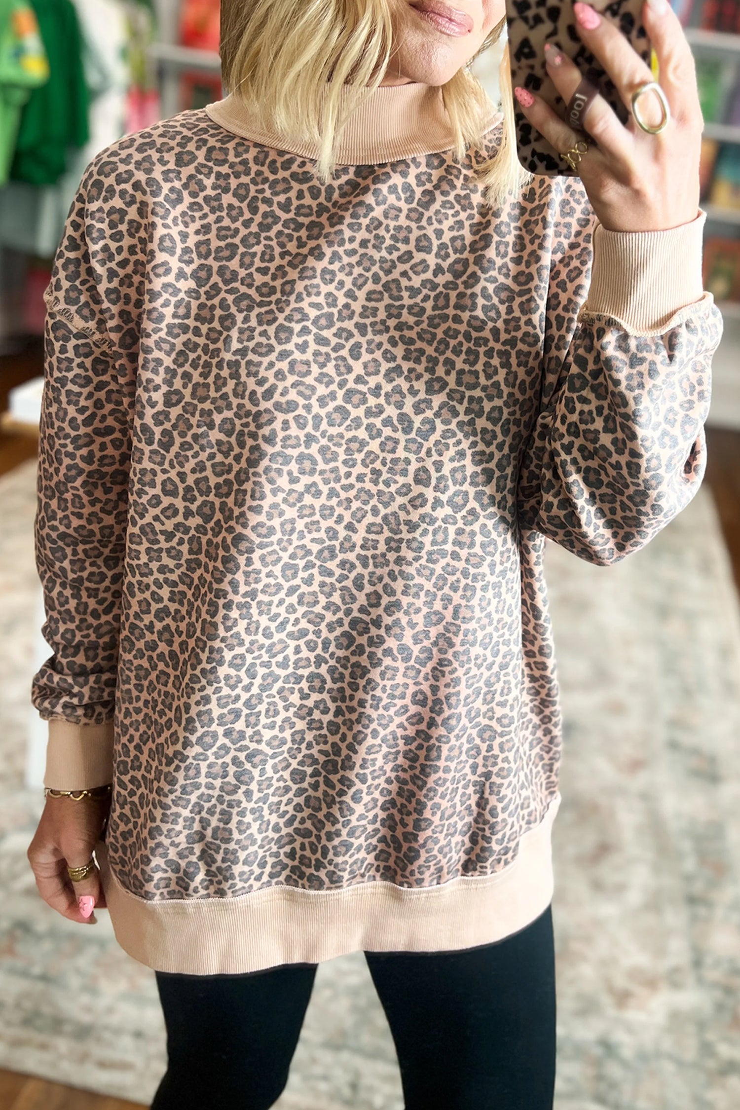 Multicolour Leopard Print High Neck Long Sleeve Ribbed Cuffs Hem Sweatshirt