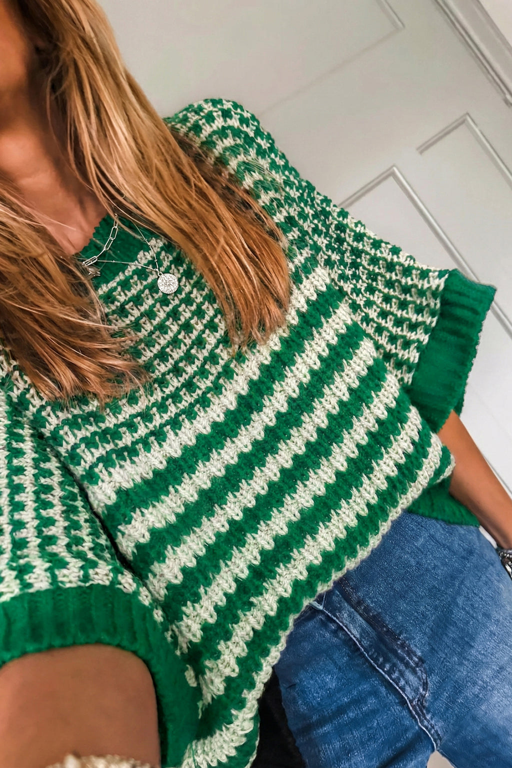 Green Stripe 3/4 Draped Sleeve Slouchy Sweater