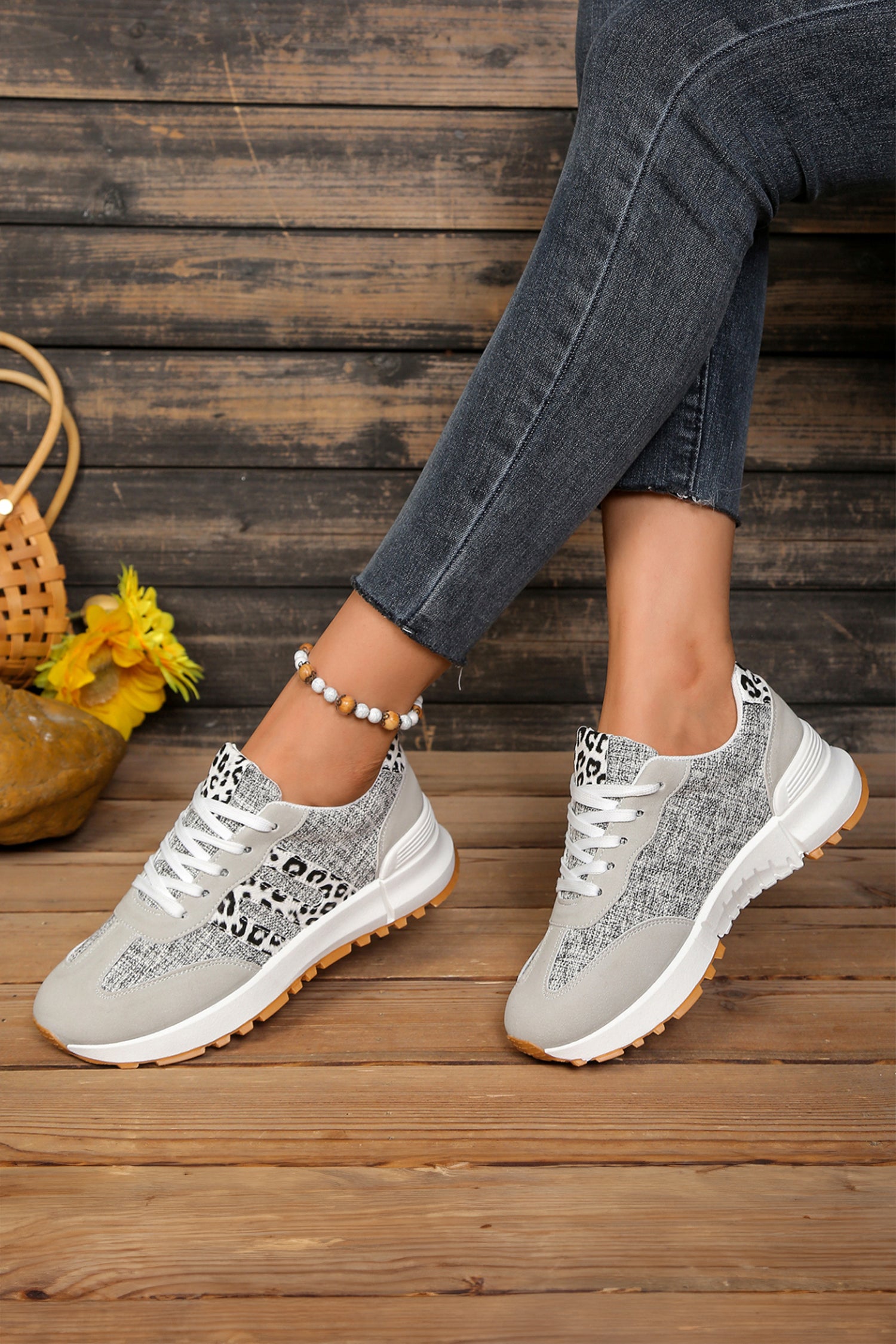 White Mix Texture Patchwork Leopard Detail Lace Up Sneakers