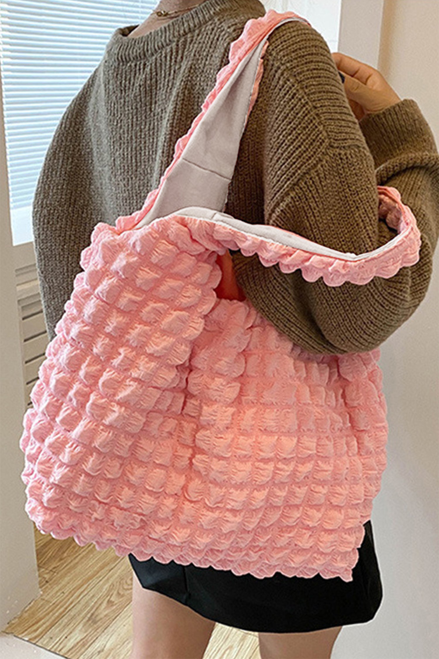 Pink Solid Color Puffy Textured Tote Bag