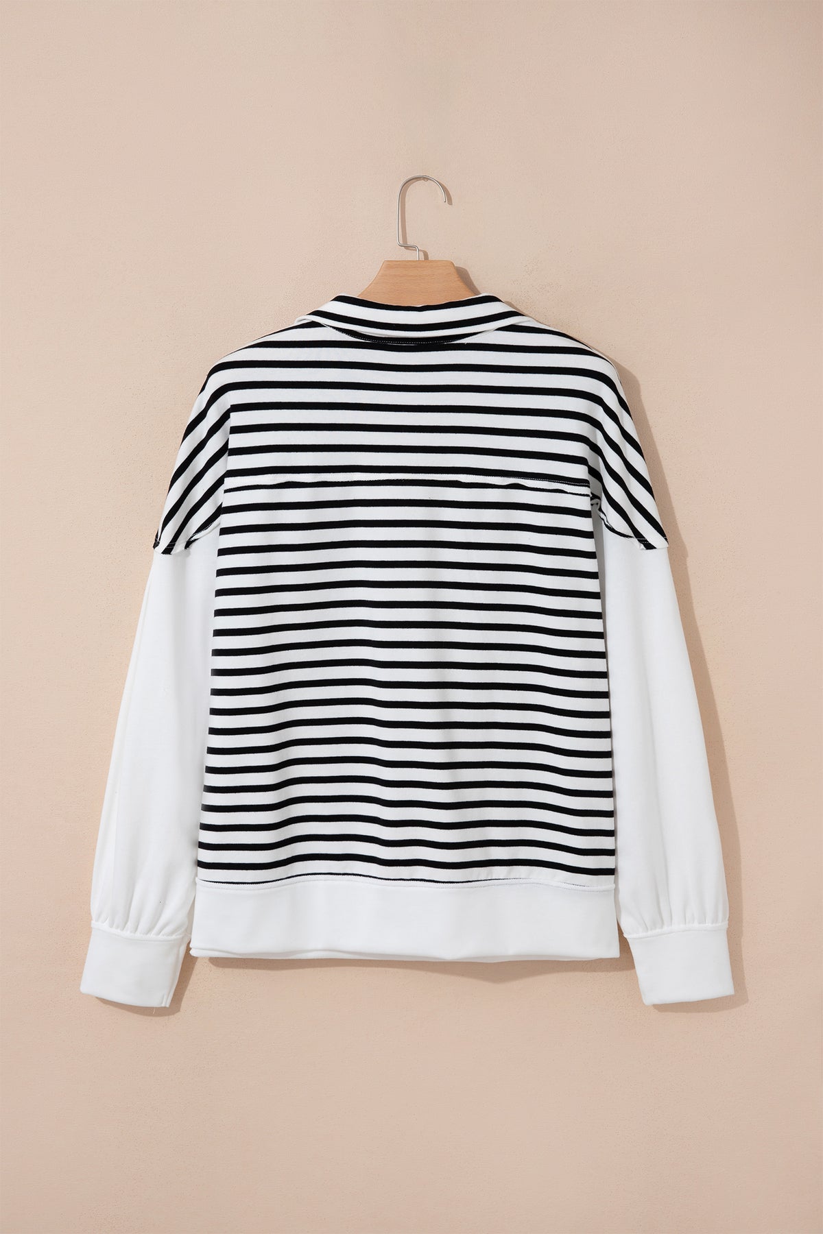 White Stripe Color Block Long Puff Sleeve Metal Zip-Up Collar Top