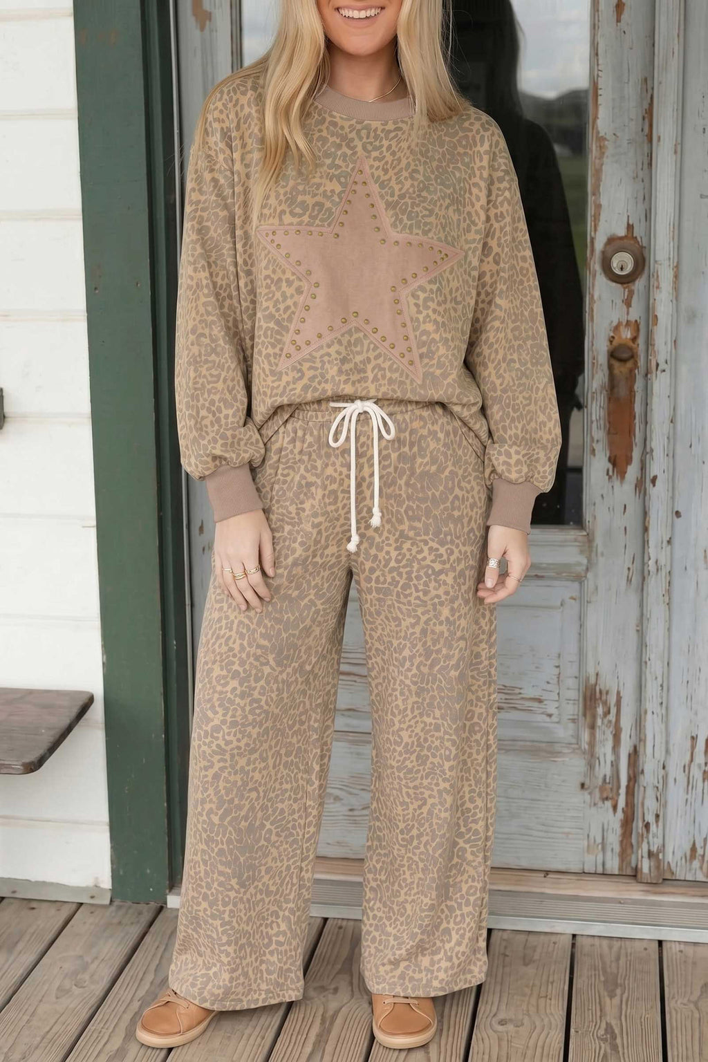 Khaki Leopard Star Print Long Sleeve Loose Casual Two Piece Pants Set
