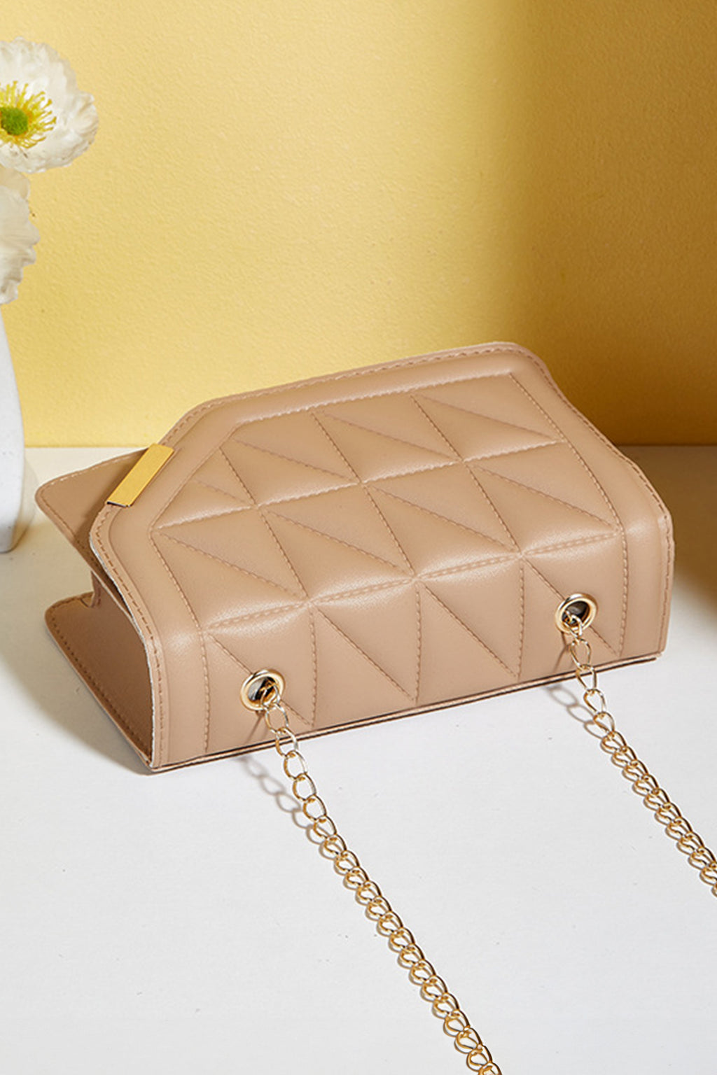 Khaki PU Leather Quilted Texture Asymmetric Cover Chain Strap Square Shoulder Bag