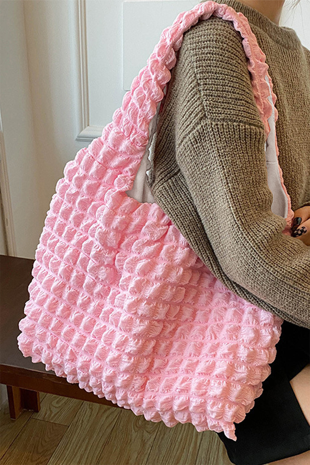 Pink Solid Color Puffy Textured Tote Bag