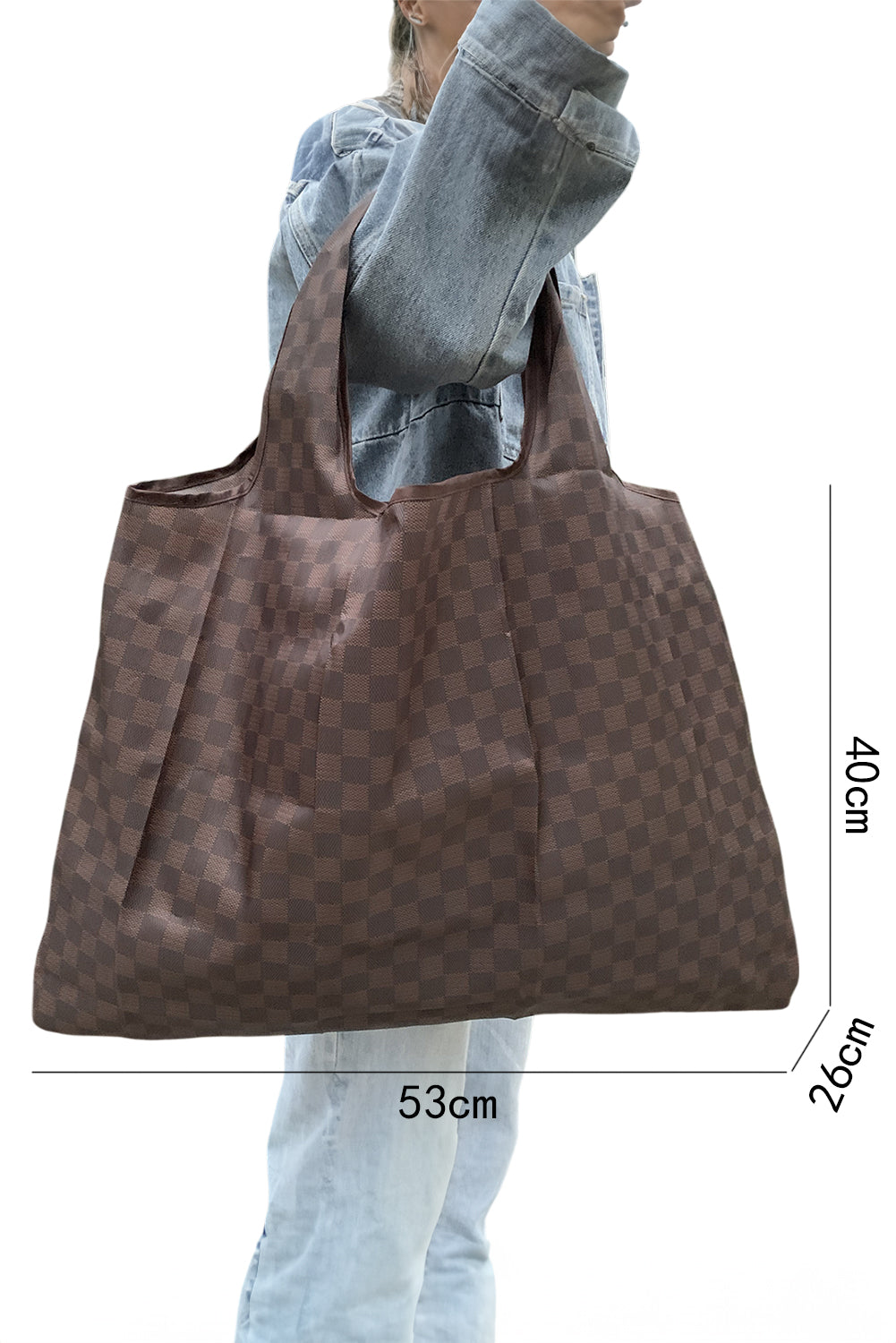 Black Trendy Checkered Pattern Large Portable Tote Bag