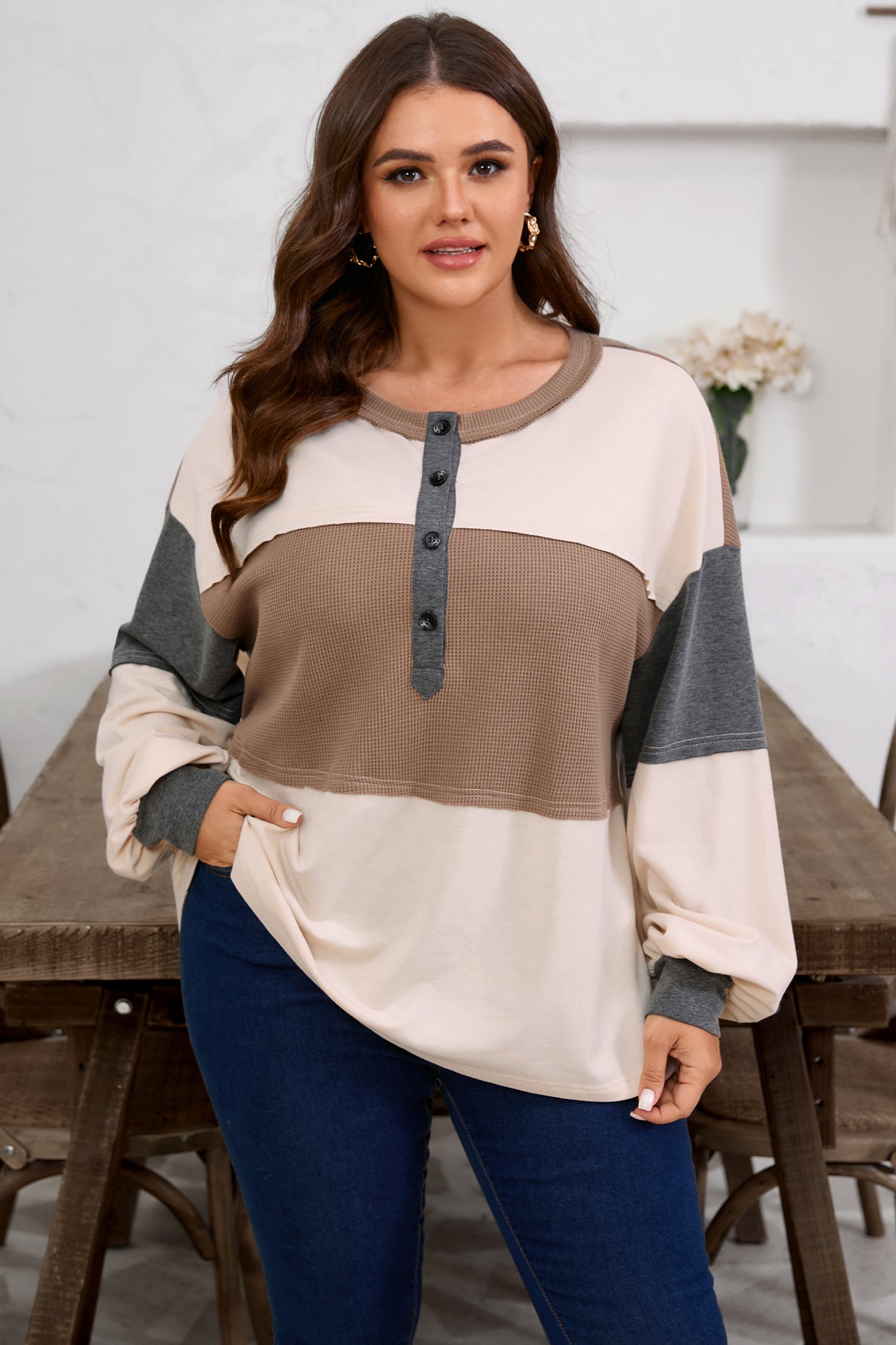 Jet Stream Waffle Patchwork Colorblock Half Buttons Casual Plus Size Knit Jumper