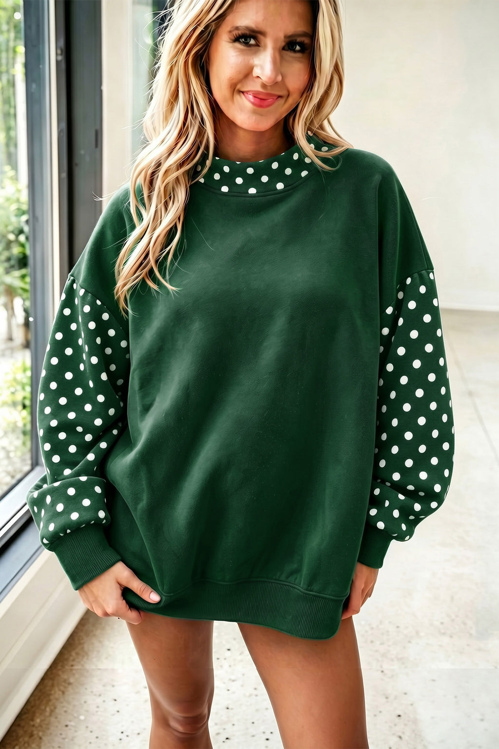 Fiery Red Polka Dot Contrast Round Neck Long Sleeve Baggy Sweatshirt