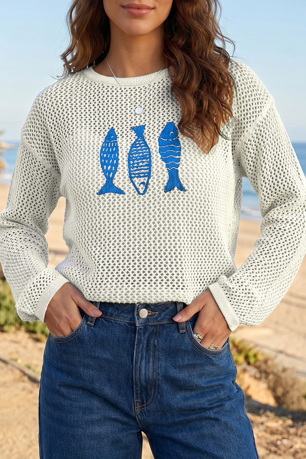 White Open Knit Fish Embroidered Casual Sweater