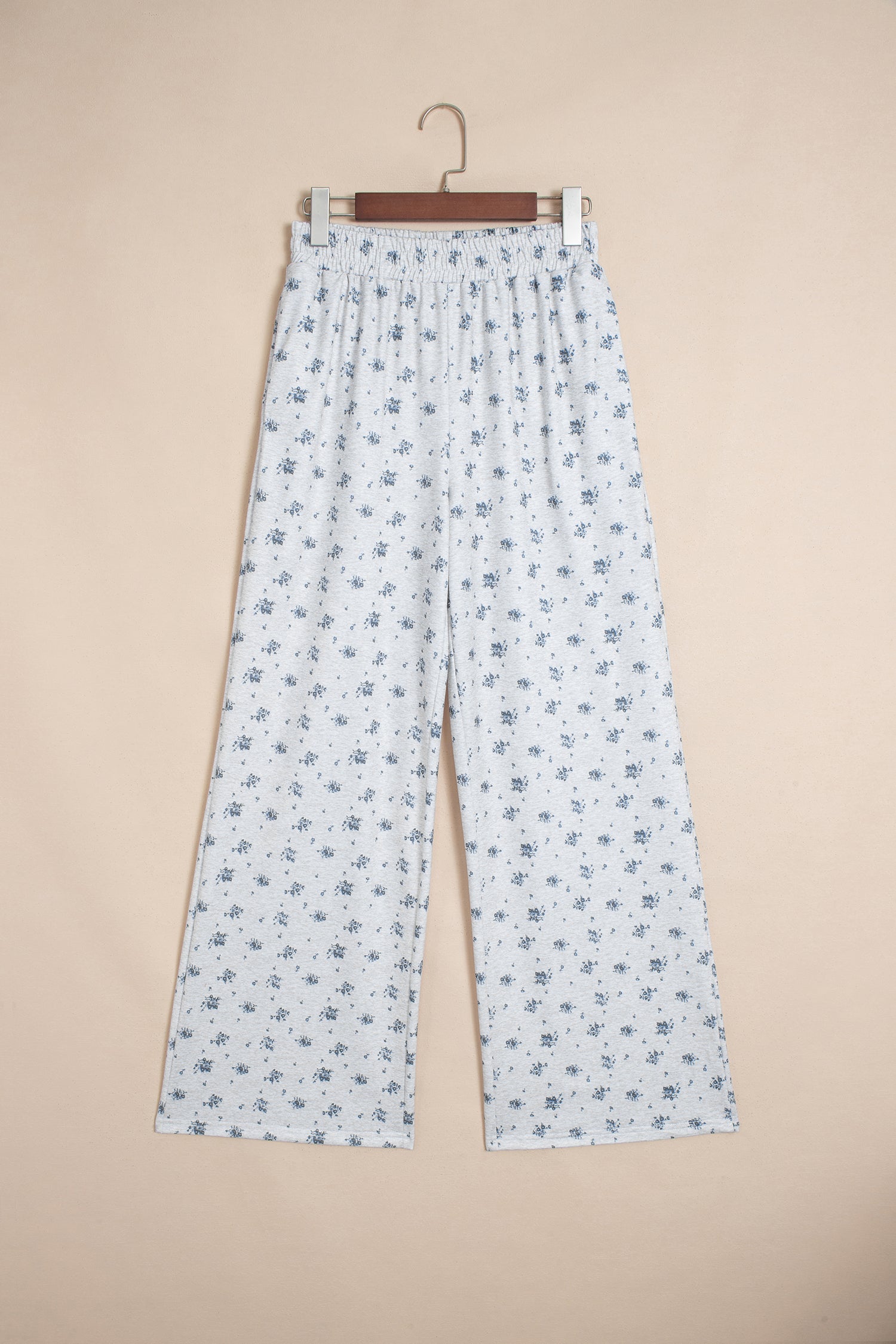 Gray Floral Print Elastic Waist Full Length Regular Pants