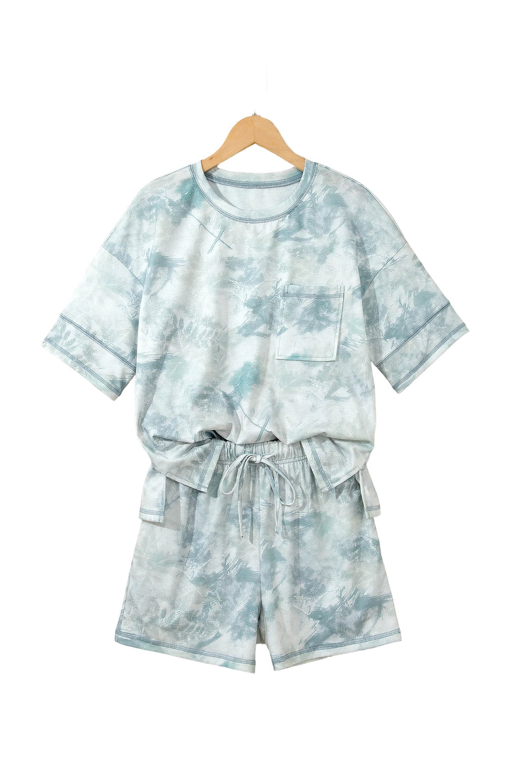 Green Casual Camouflage Short Sleeve Elastic Waist 2pcs Set