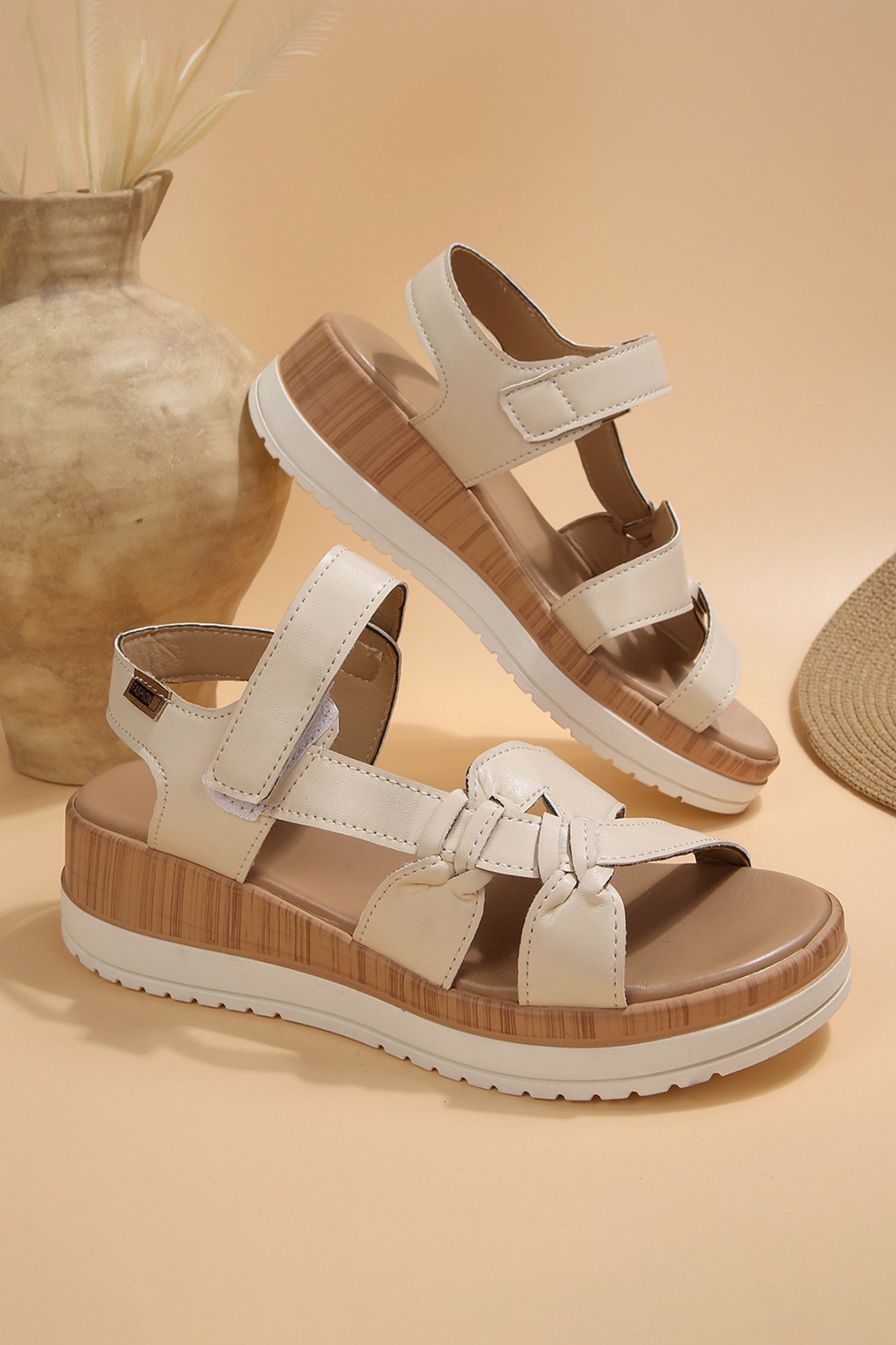 Beige Low Cut PU Leather Slip-on TPR Sole Casual Sandals