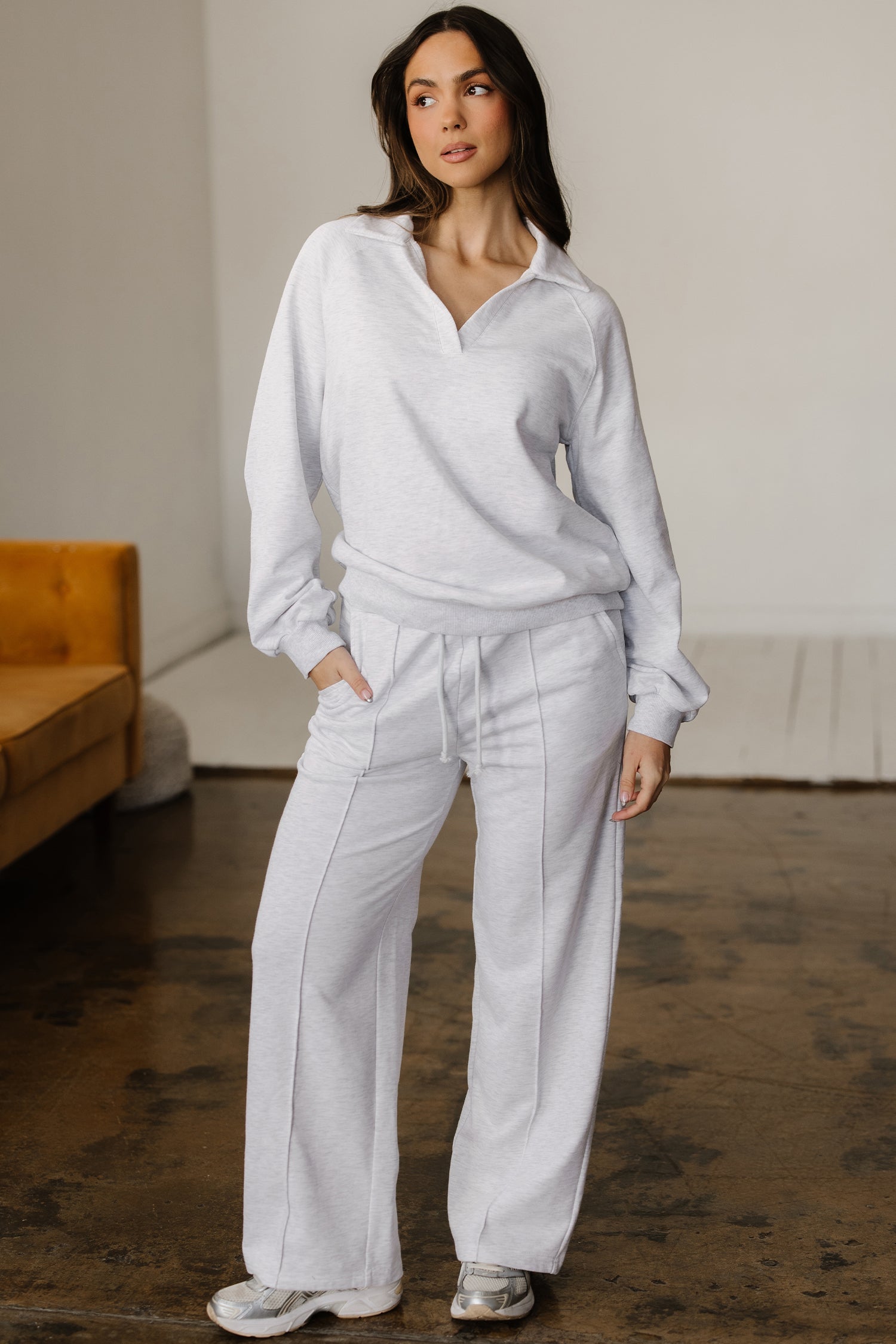 Light Grey Polo Collar V Neck Pullover and Drawstring Sweatpants Set