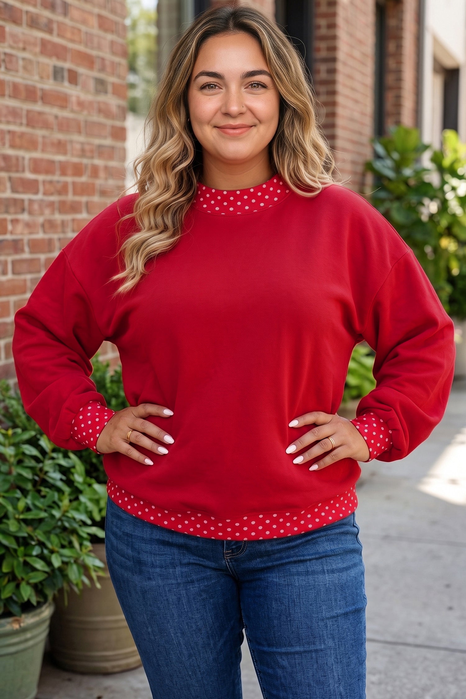 Orange Polka Dot Patchwork Round Neck Plus Size Sweatshirt
