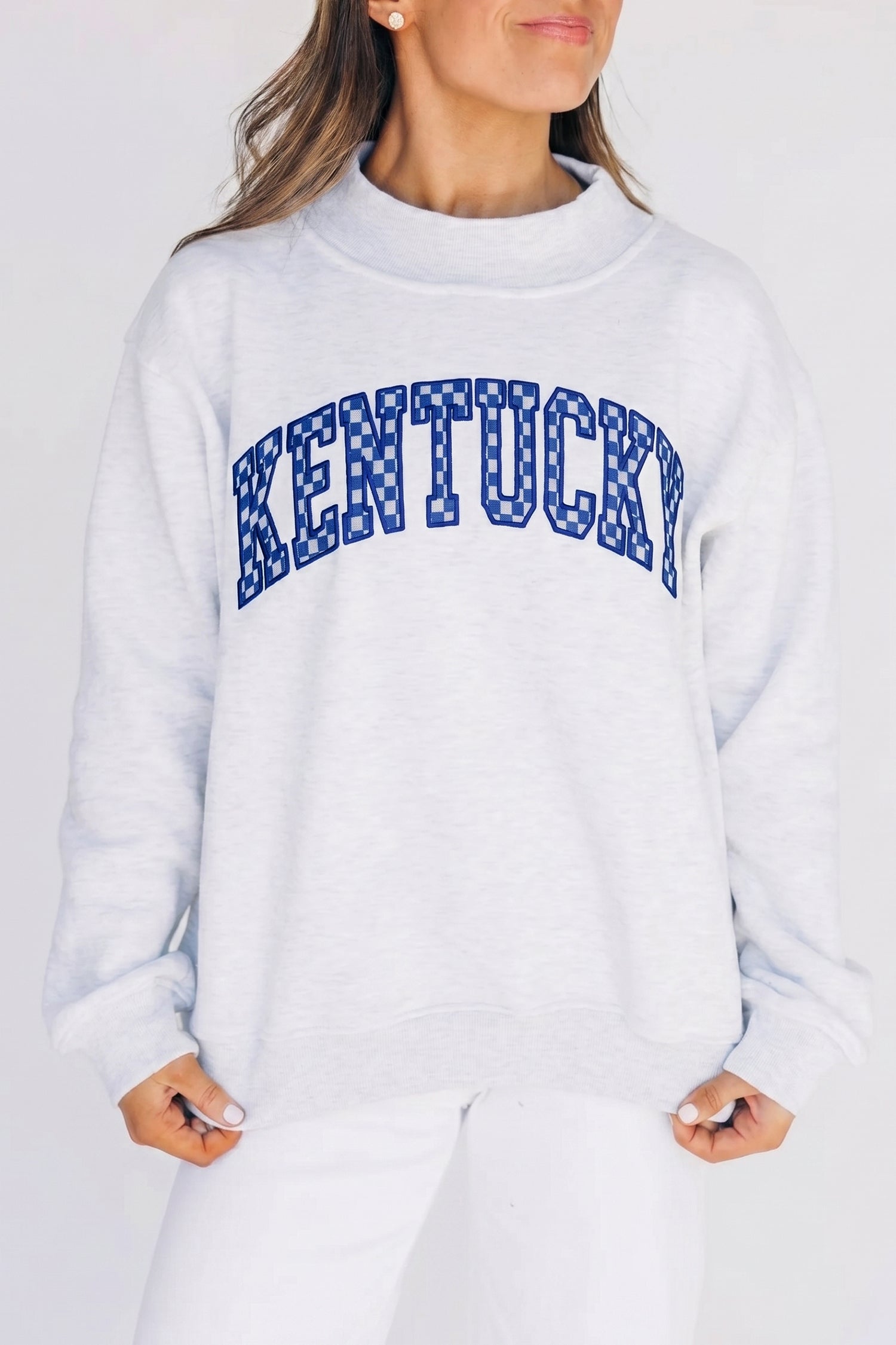 Light Grey High Neck Embroidered Checkered Letter Game Day Sweatshirt