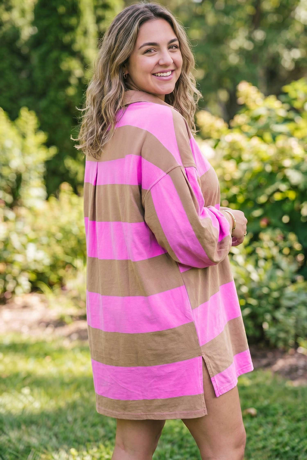 Rose Stripe Striped Colorblock Long Sleeve V Neck Shift Plus Size Dress