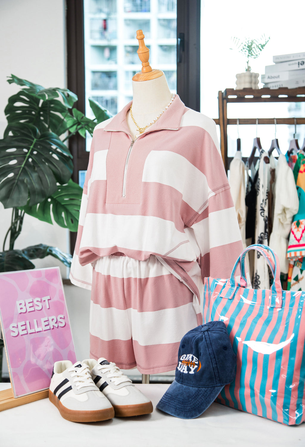 Pink Stripe Half Zip Bracelet Sleeve Top Casual Short Set