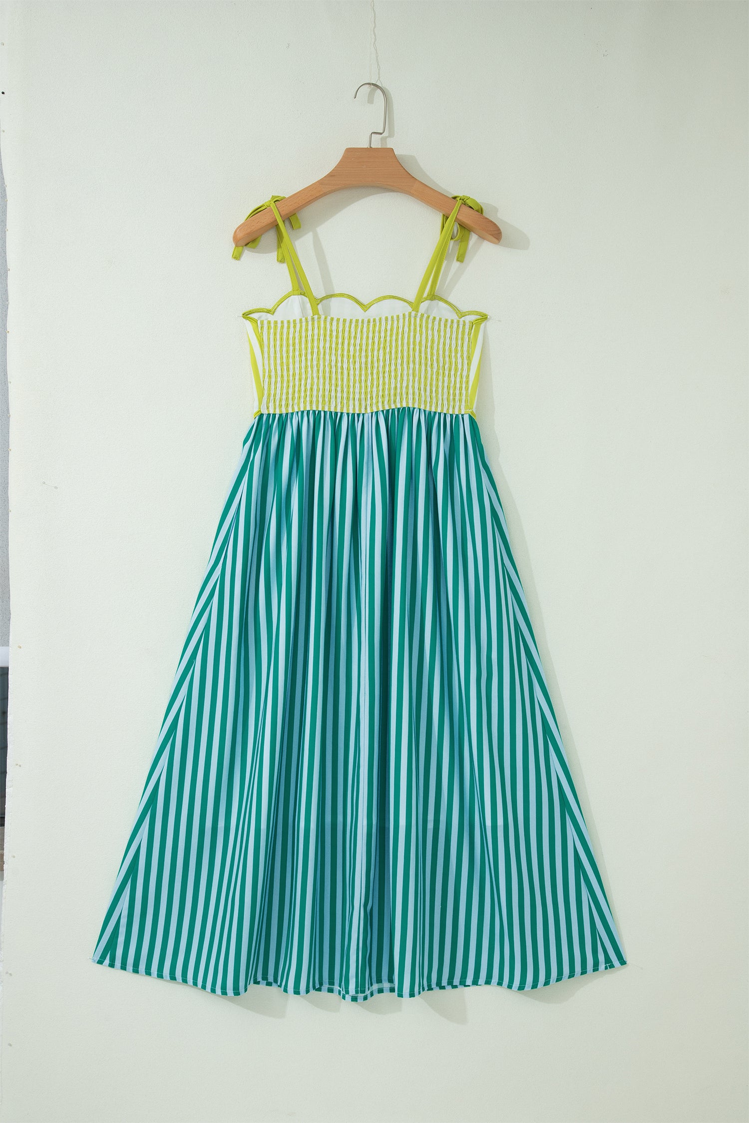 Green Stripe Scalloped Contrast Patchwork Knot Strap Midi Dress