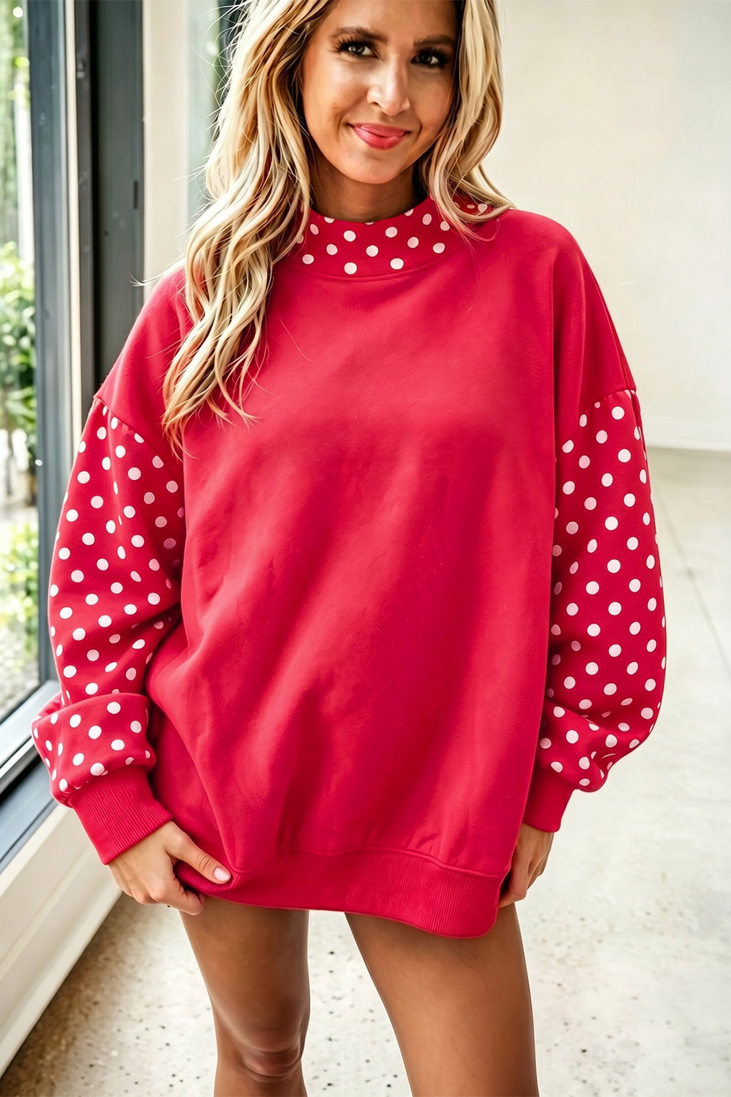 Fiery Red Polka Dot Contrast Round Neck Long Sleeve Baggy Sweatshirt