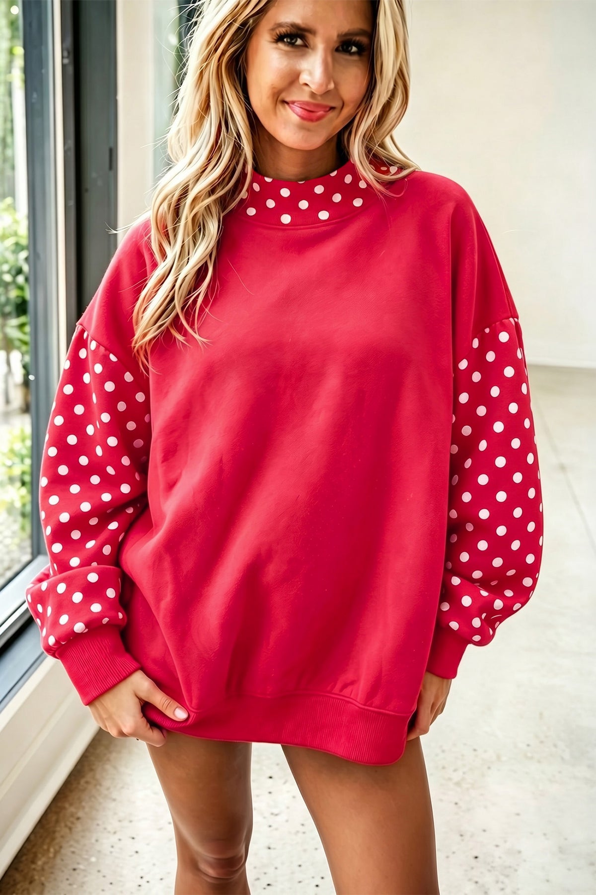Fiery Red Polka Dot Contrast Round Neck Long Sleeve Baggy Sweatshirt
