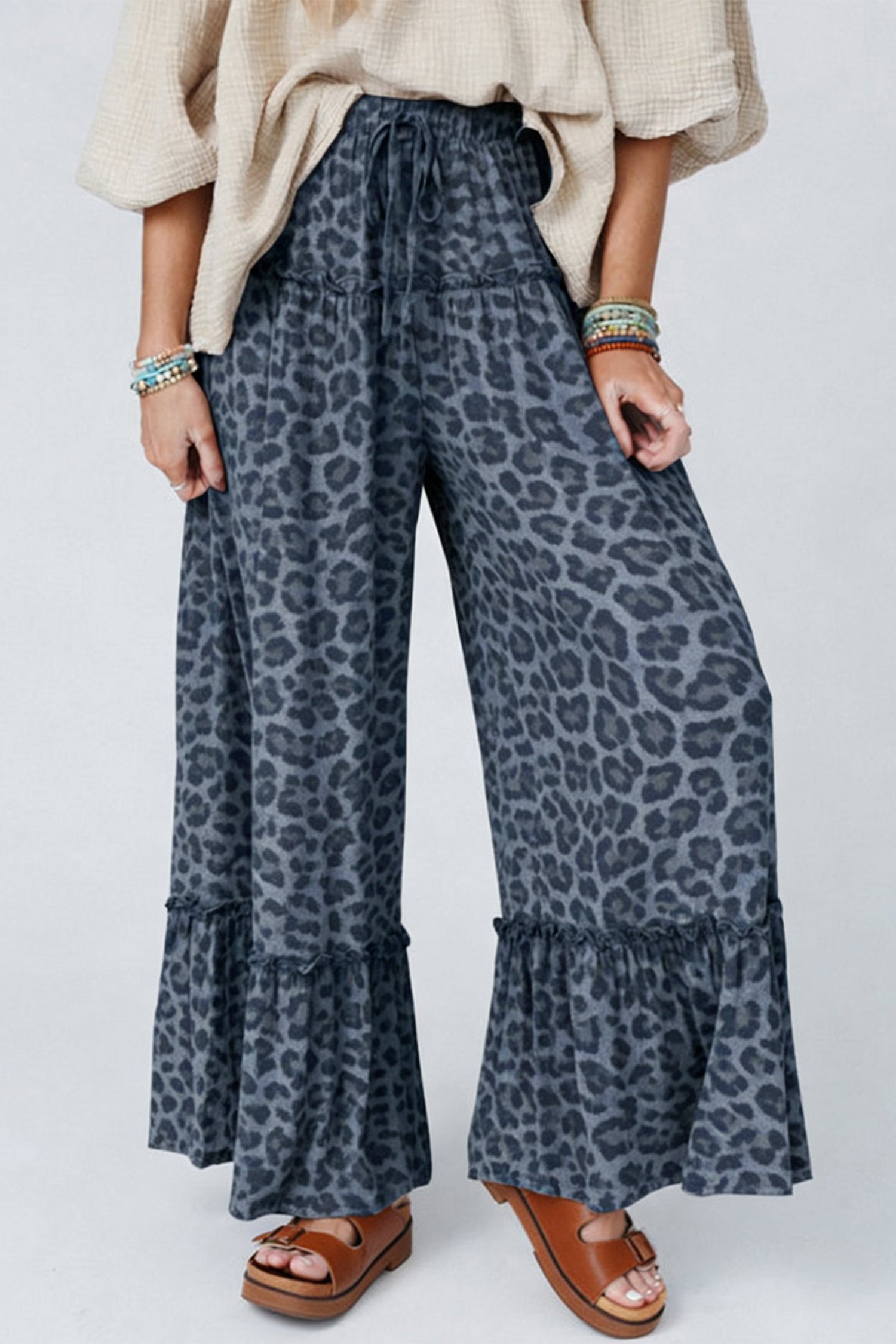 Gray Wild Leopard Print Frilled Detail Drawstring Wide Leg Pants