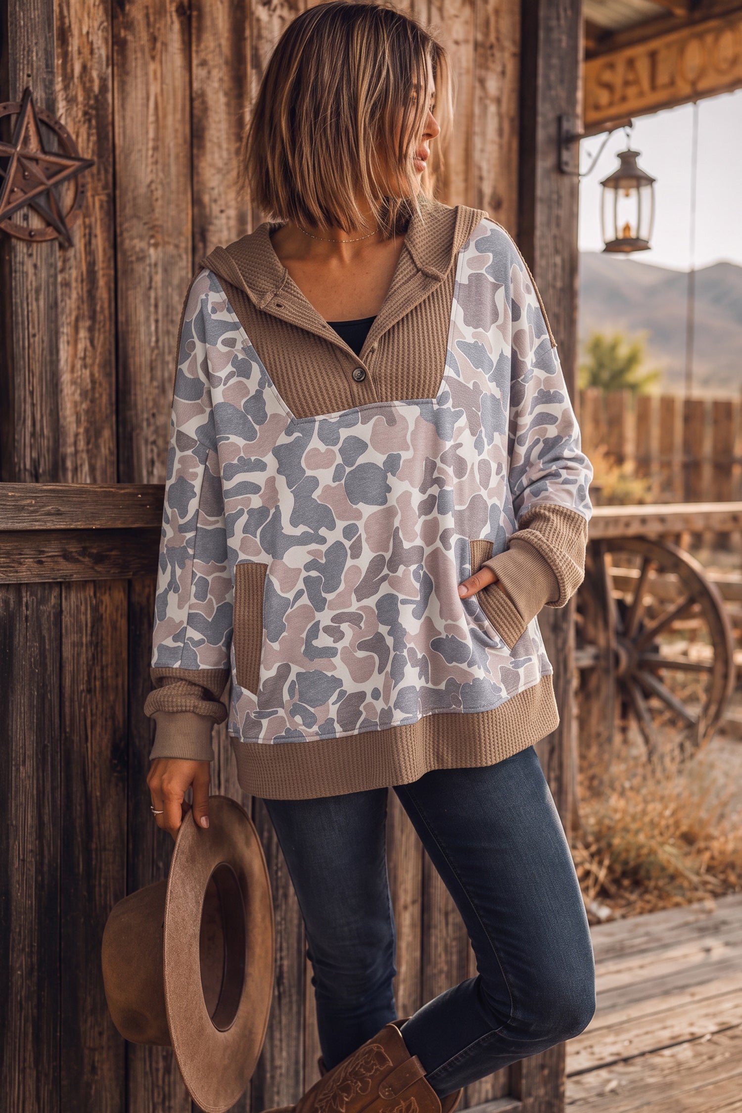 Khaki Camouflage Print Waffled Patchwork Loose Pullover Hoodie