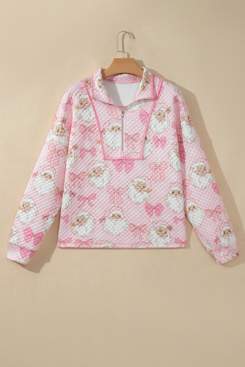 Pink Abstract Christmas Print Zip-Up Collar Long Sleeve Sweatshirt