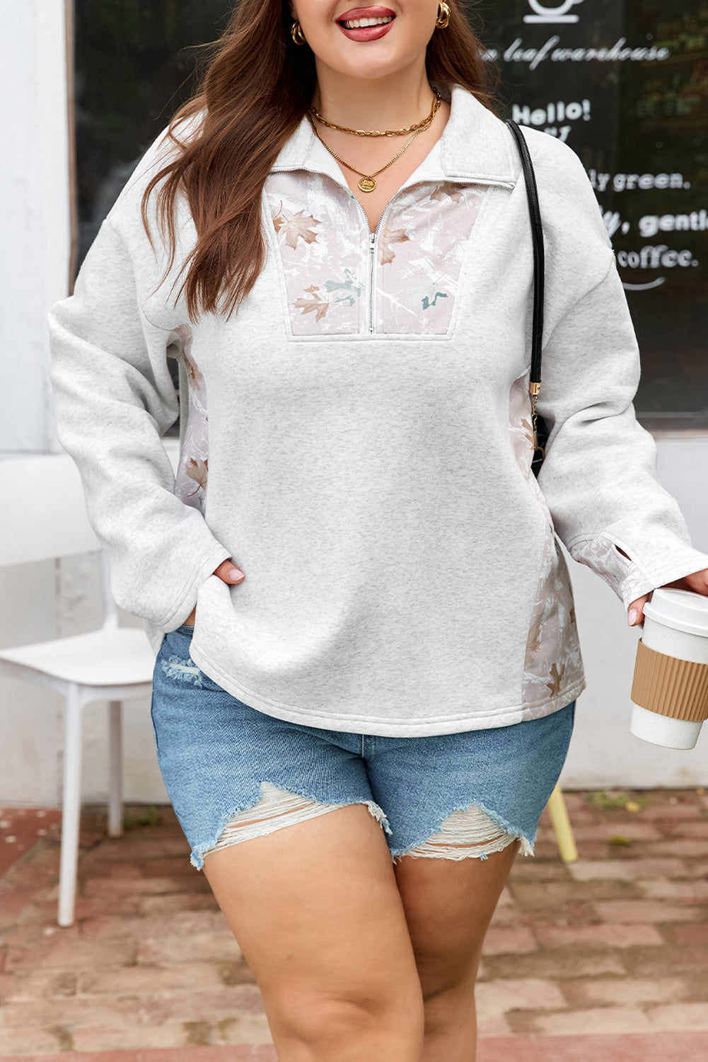 Gray Camo Leaves Patchwork Zipped Collar Pullover Plus Size Sweatshirt