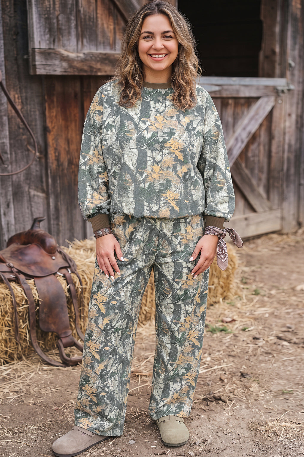 Brown Jungle Camouflage Print Ribbed Trim Long Sleeve Top Plus Size Pant Set