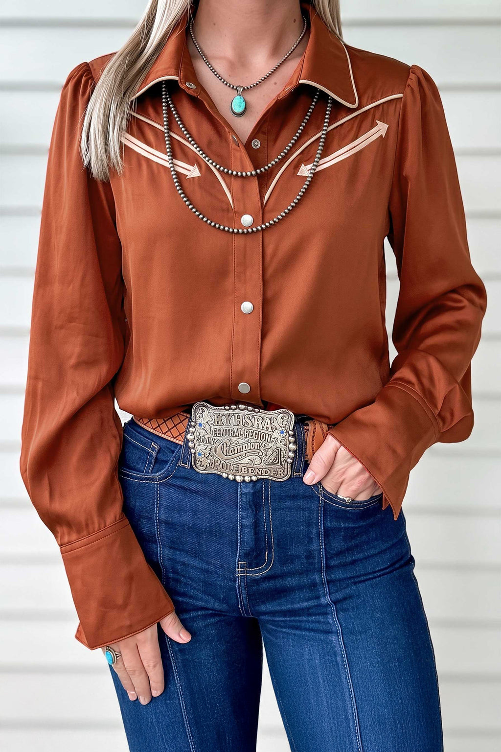 Cinnamon Silky Long Sleeve Button Front Western Fashion Shirt