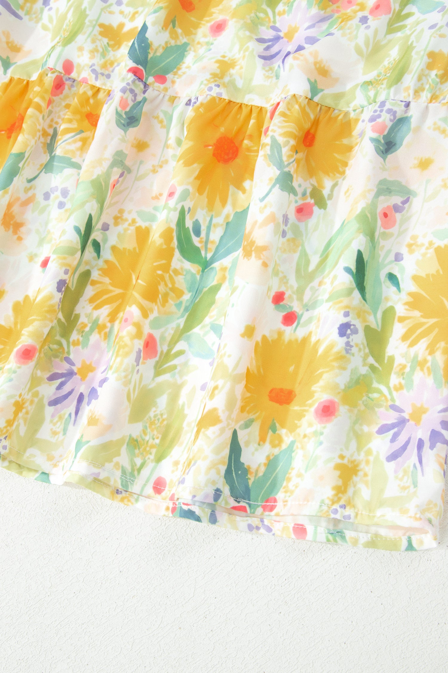 Yellow Floral Print Contrast Stitched Knot Denim Straps High Waist Dress