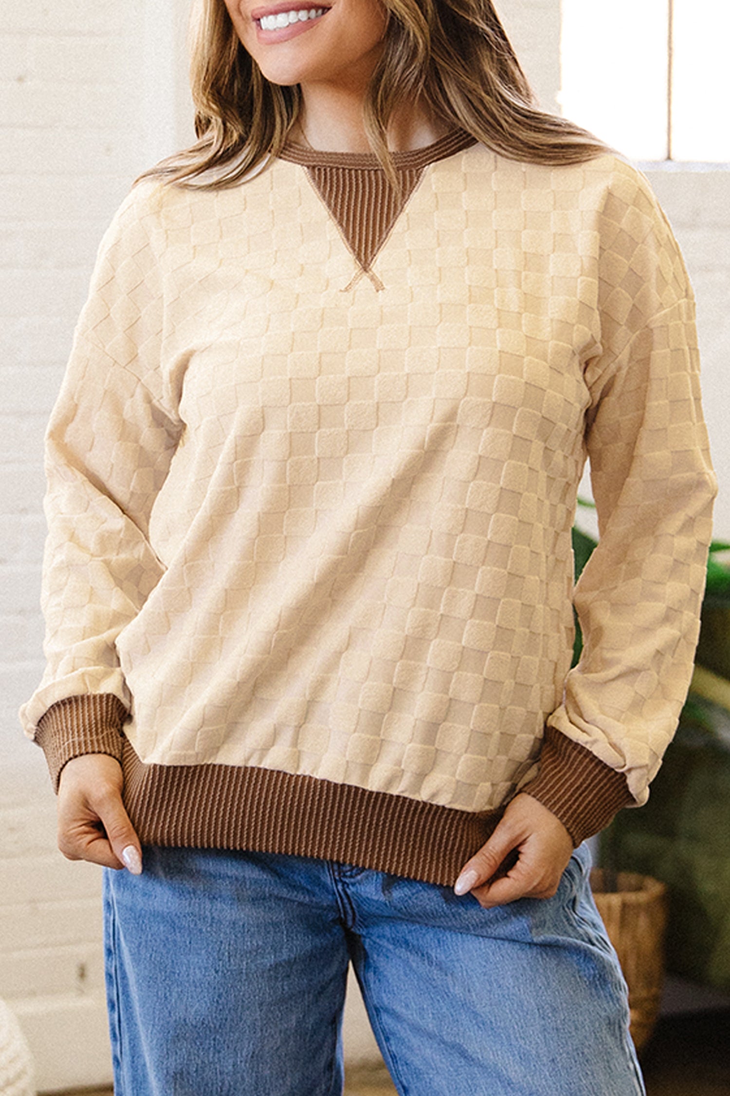Parchment Plush Checkered Contrast Twisted Rib Long Sleeve Top
