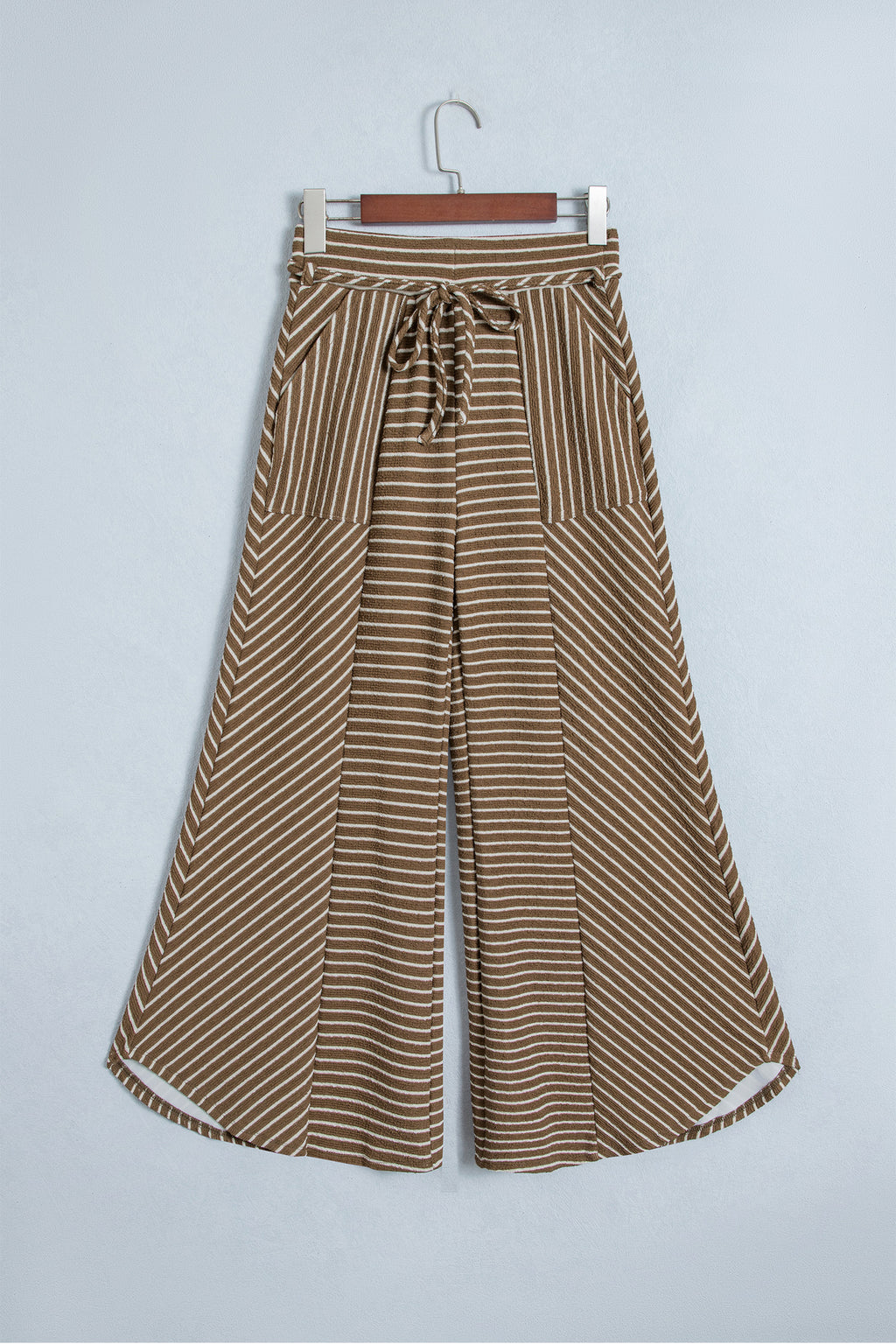 Khaki Stripe Patchwork Design Wide Leg Casual Pants
