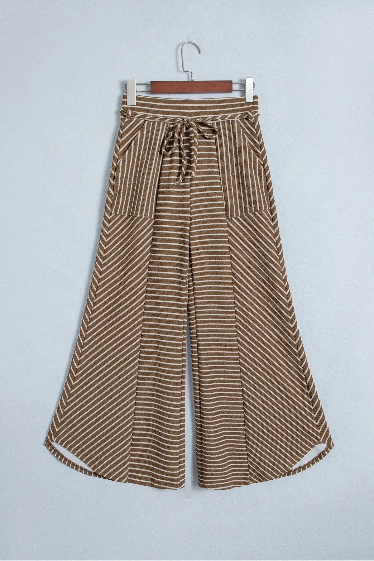 Khaki Stripe Patchwork Design Wide Leg Casual Pants